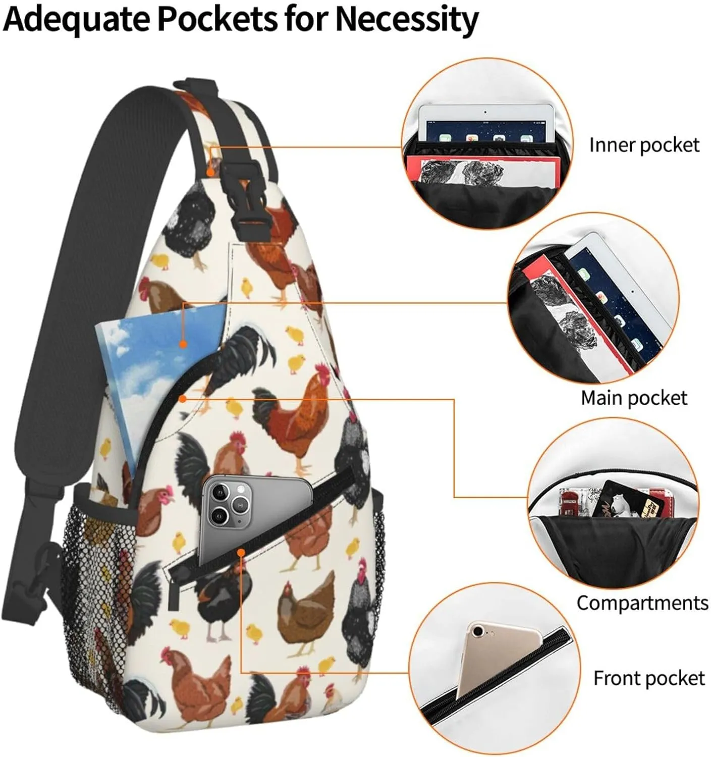 Funny Animal Print Sling Bag for Women Men Rooster Hen Chicken Domestic Animal Crossbody Chest Shoulder Bag Rustic Country Farm Animal Backpack Gym Sports Travel Hiking Daypack