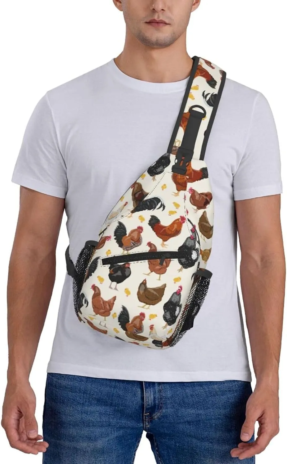 Funny Animal Print Sling Bag for Women Men Rooster Hen Chicken Domestic Animal Crossbody Chest Shoulder Bag Rustic Country Farm Animal Backpack Gym Sports Travel Hiking Daypack