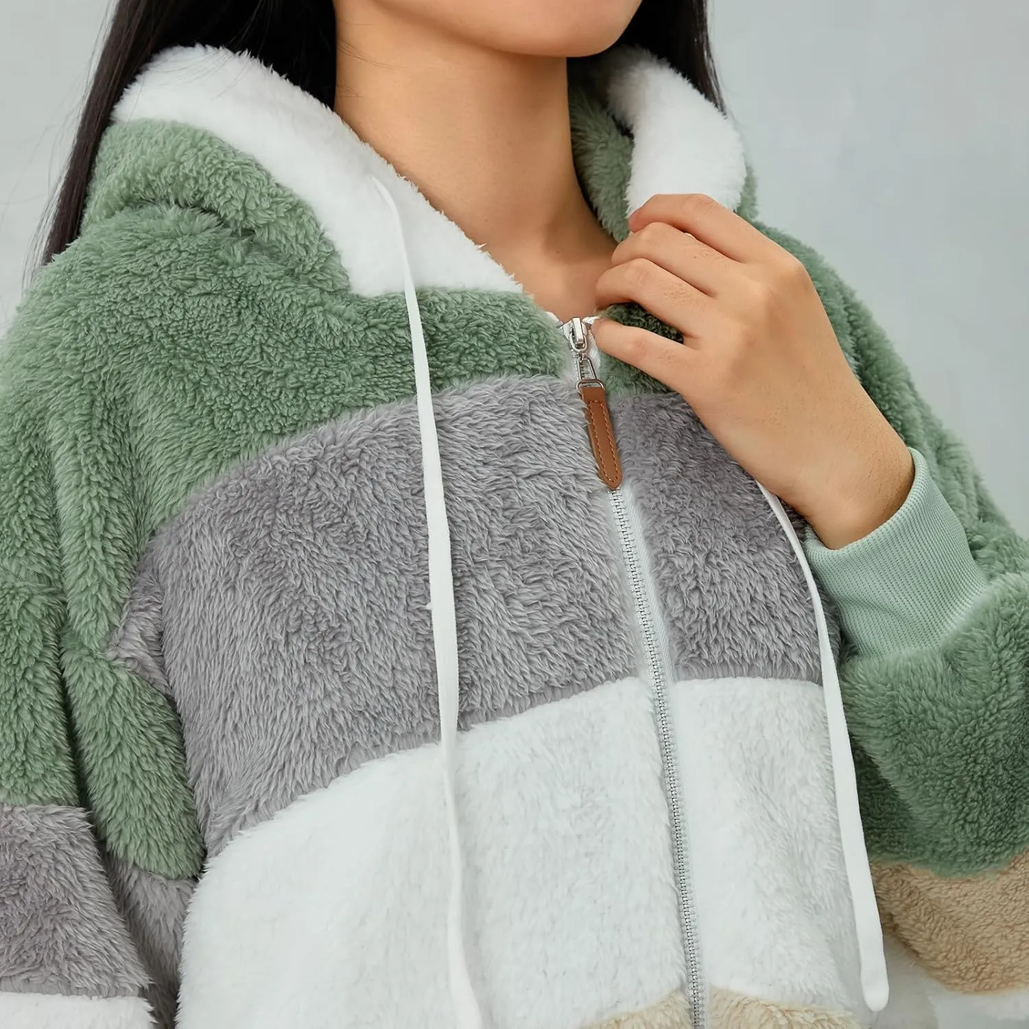 Giraropa Women Fleece Jackets Zip Hoodies Sherpa Teddy Coat Winter Warm Oversized Sweatshirt Contrast Fluffy Jumper Outwear