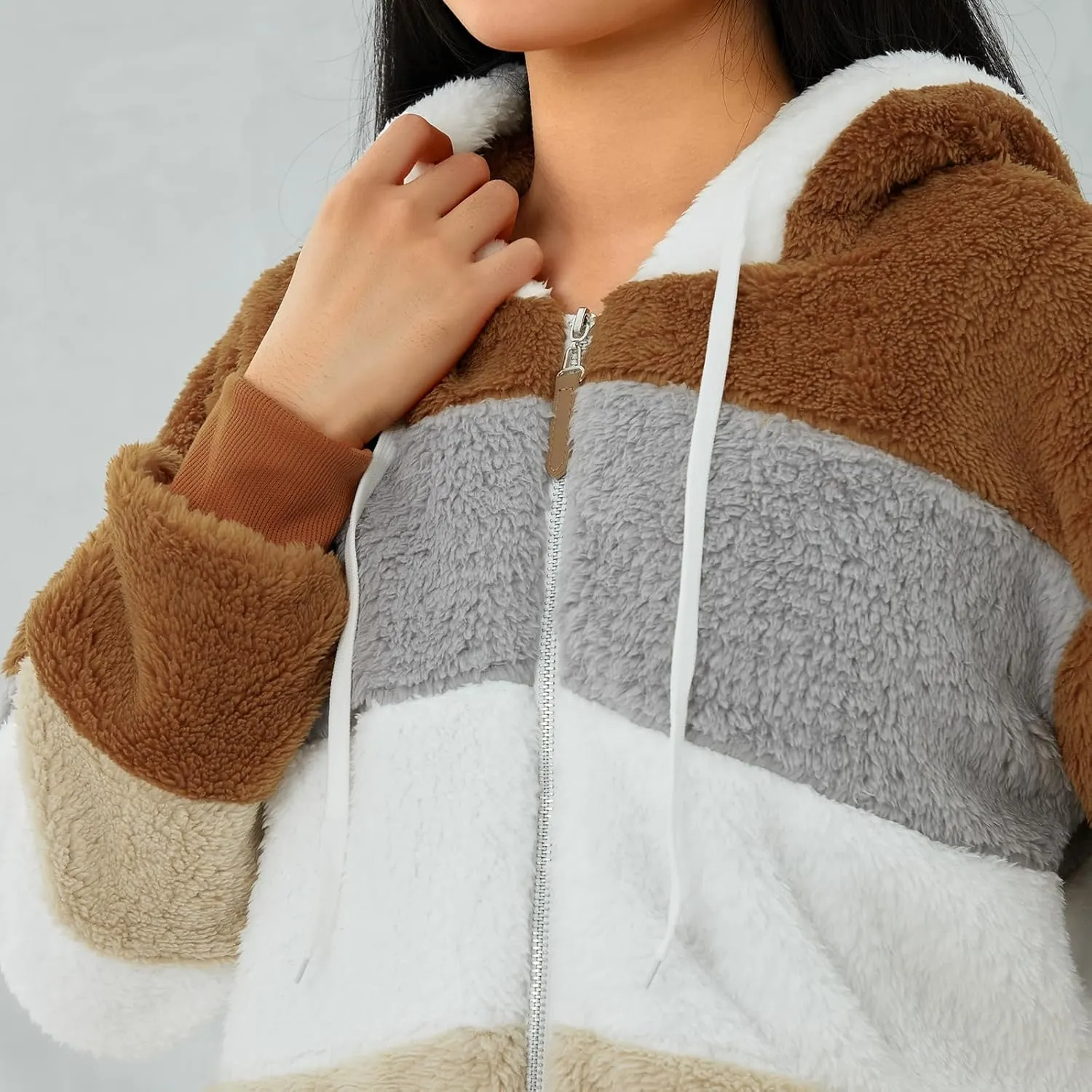 Giraropa Women Fleece Jackets Zip Hoodies Sherpa Teddy Coat Winter Warm Oversized Sweatshirt Contrast Fluffy Jumper Outwear