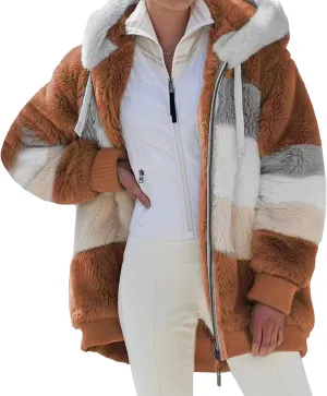 Giraropa Women Fleece Jackets Zip Hoodies Sherpa Teddy Coat Winter Warm Oversized Sweatshirt Contrast Fluffy Jumper Outwear