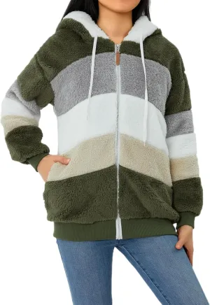 Giraropa Women Fleece Jackets Zip Hoodies Sherpa Teddy Coat Winter Warm Oversized Sweatshirt Contrast Fluffy Jumper Outwear