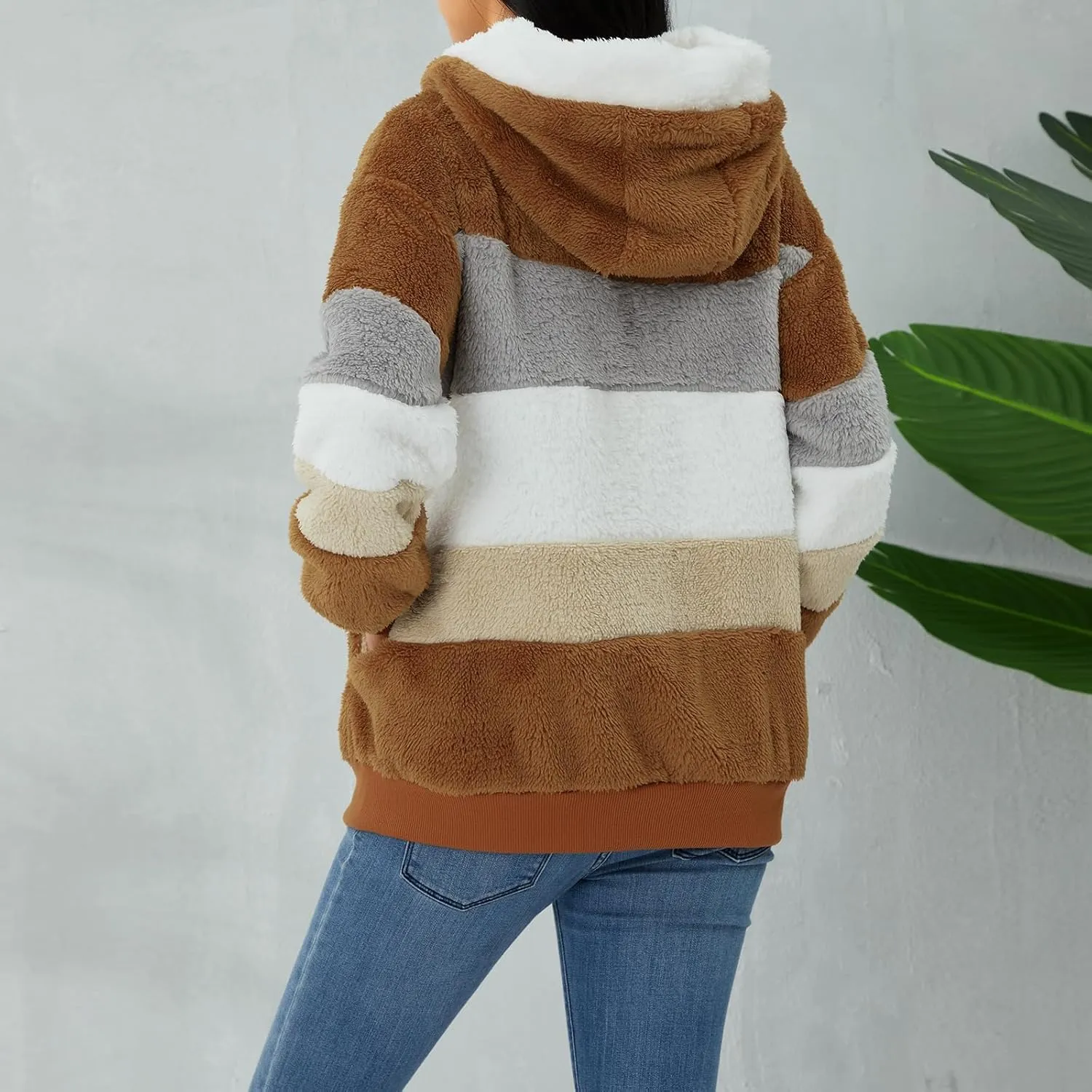 Giraropa Women Fleece Jackets Zip Hoodies Sherpa Teddy Coat Winter Warm Oversized Sweatshirt Contrast Fluffy Jumper Outwear