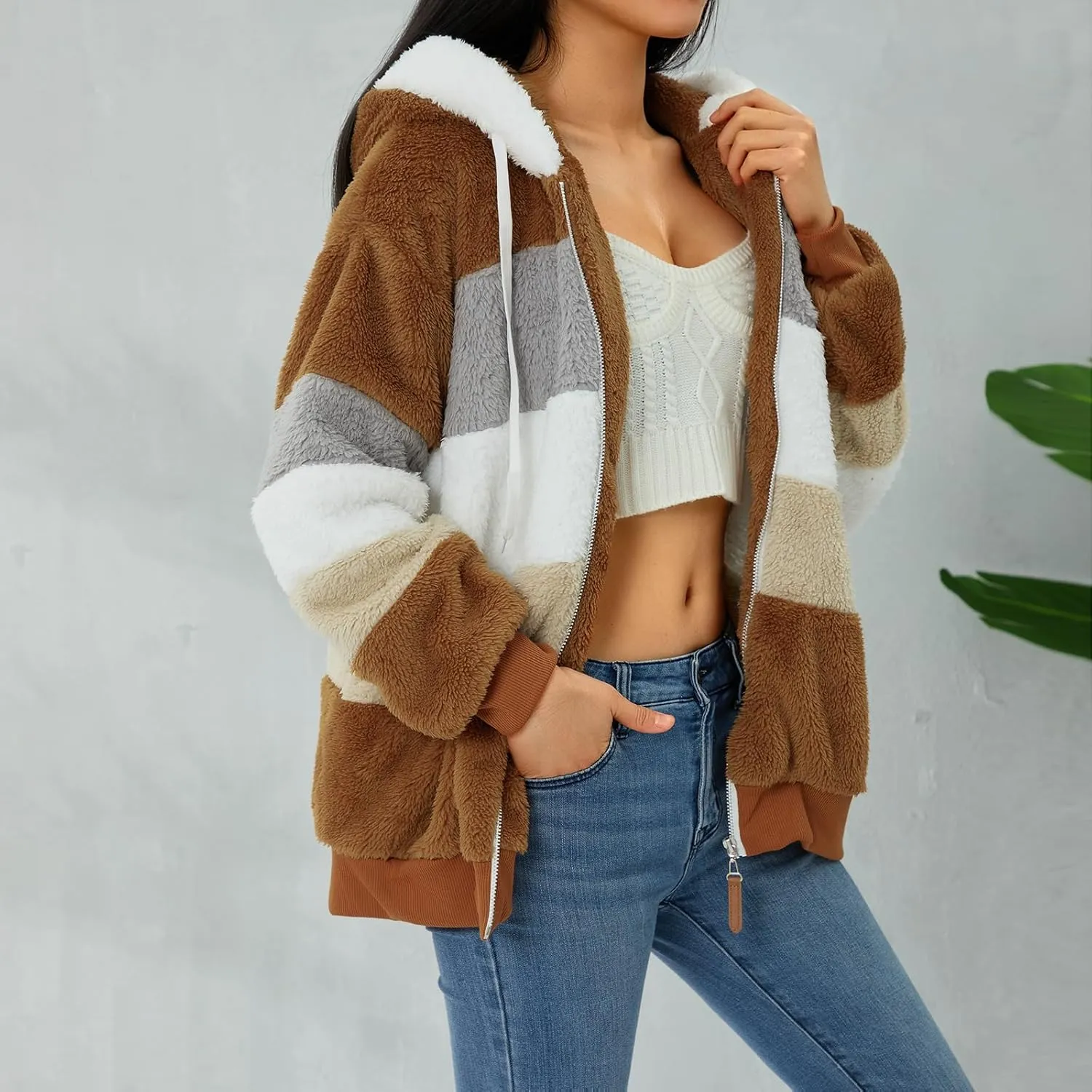 Giraropa Women Fleece Jackets Zip Hoodies Sherpa Teddy Coat Winter Warm Oversized Sweatshirt Contrast Fluffy Jumper Outwear