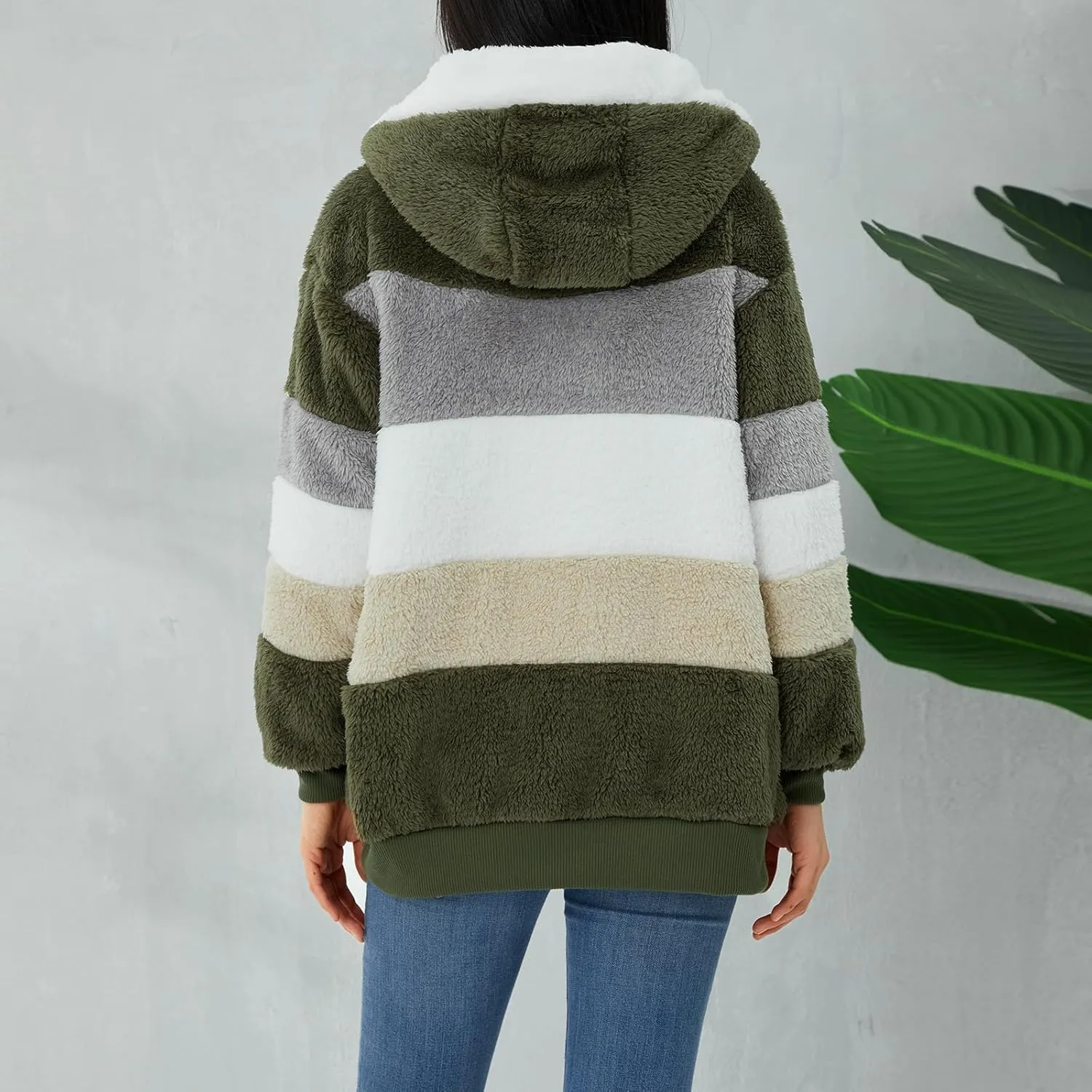 Giraropa Women Fleece Jackets Zip Hoodies Sherpa Teddy Coat Winter Warm Oversized Sweatshirt Contrast Fluffy Jumper Outwear