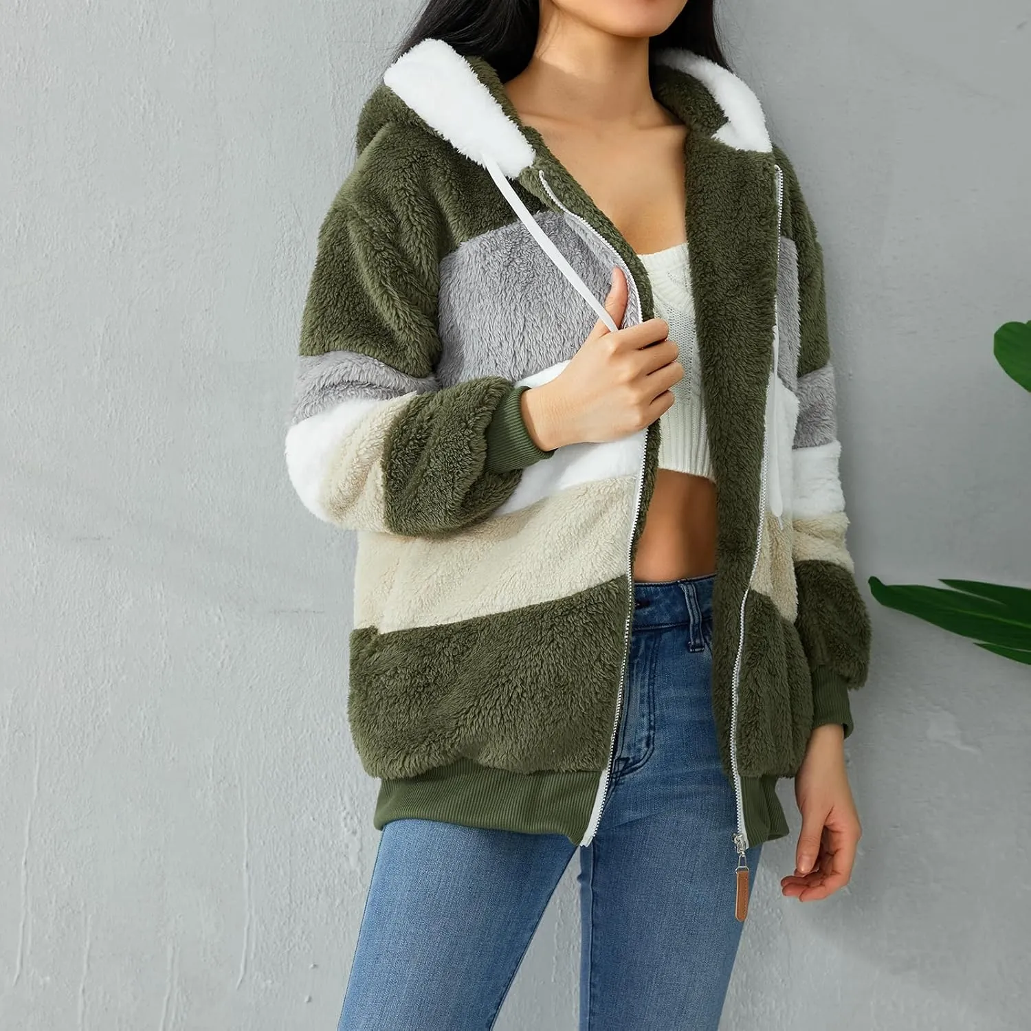 Giraropa Women Fleece Jackets Zip Hoodies Sherpa Teddy Coat Winter Warm Oversized Sweatshirt Contrast Fluffy Jumper Outwear
