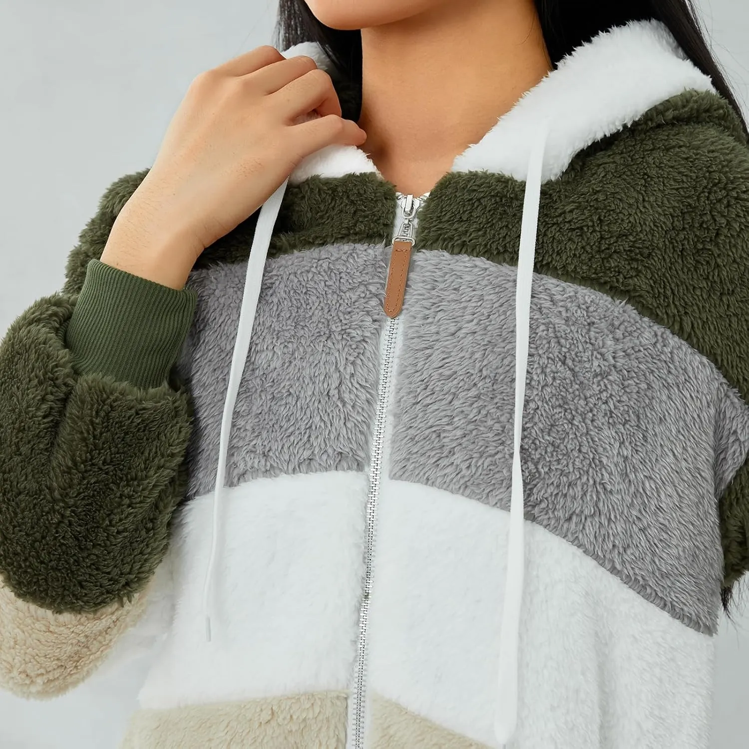 Giraropa Women Fleece Jackets Zip Hoodies Sherpa Teddy Coat Winter Warm Oversized Sweatshirt Contrast Fluffy Jumper Outwear