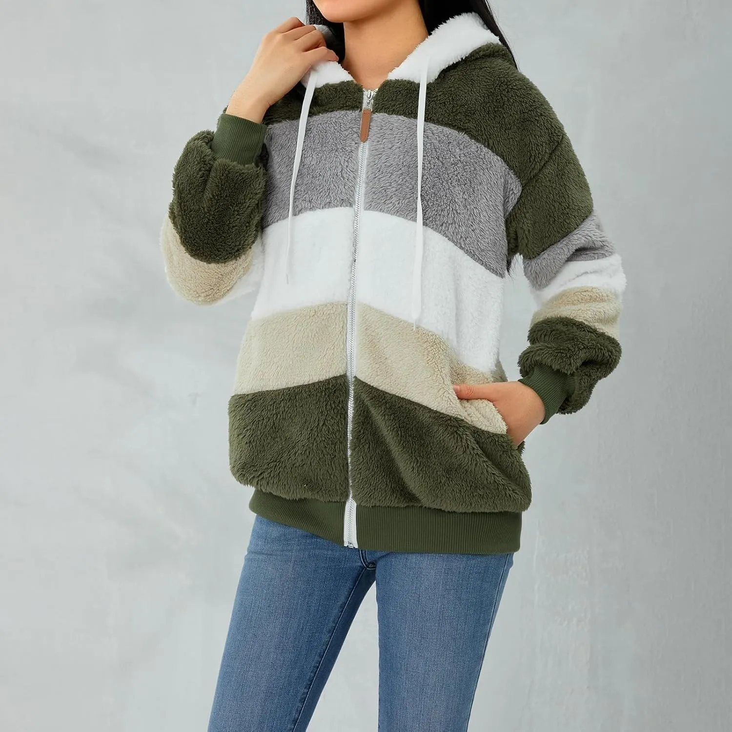 Giraropa Women Fleece Jackets Zip Hoodies Sherpa Teddy Coat Winter Warm Oversized Sweatshirt Contrast Fluffy Jumper Outwear