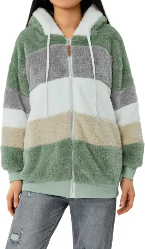 Giraropa Women Fleece Jackets Zip Hoodies Sherpa Teddy Coat Winter Warm Oversized Sweatshirt Contrast Fluffy Jumper Outwear