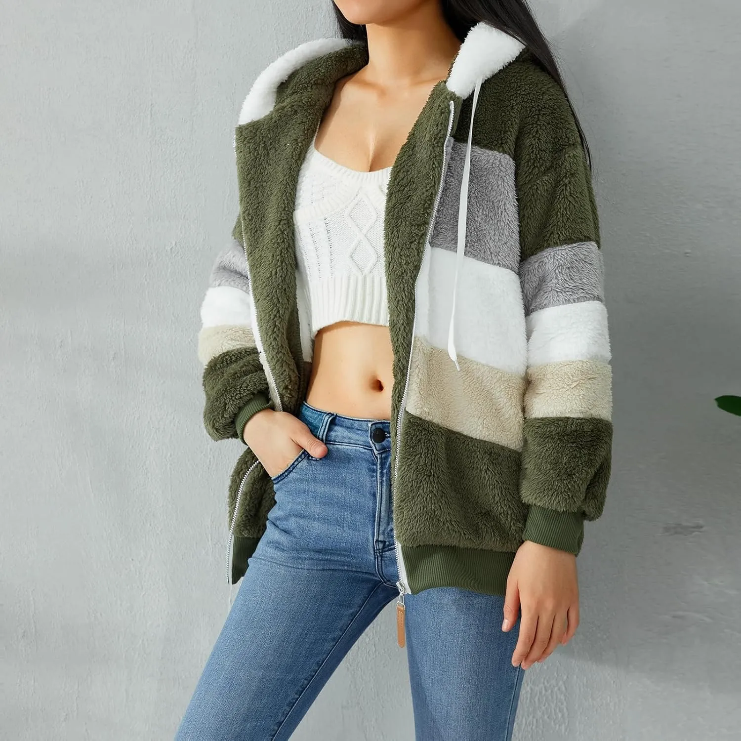 Giraropa Women Fleece Jackets Zip Hoodies Sherpa Teddy Coat Winter Warm Oversized Sweatshirt Contrast Fluffy Jumper Outwear