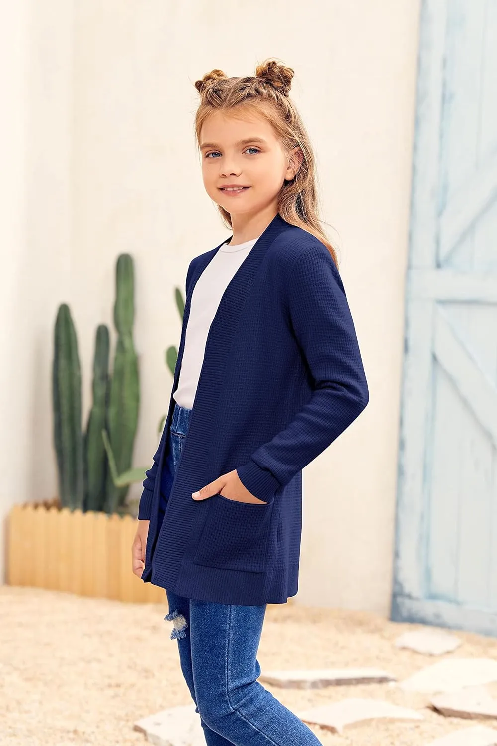 Girls Long Sleeve Casual Cardigan Kids Open Front Soft Knit Oversized Sweater with Pockets