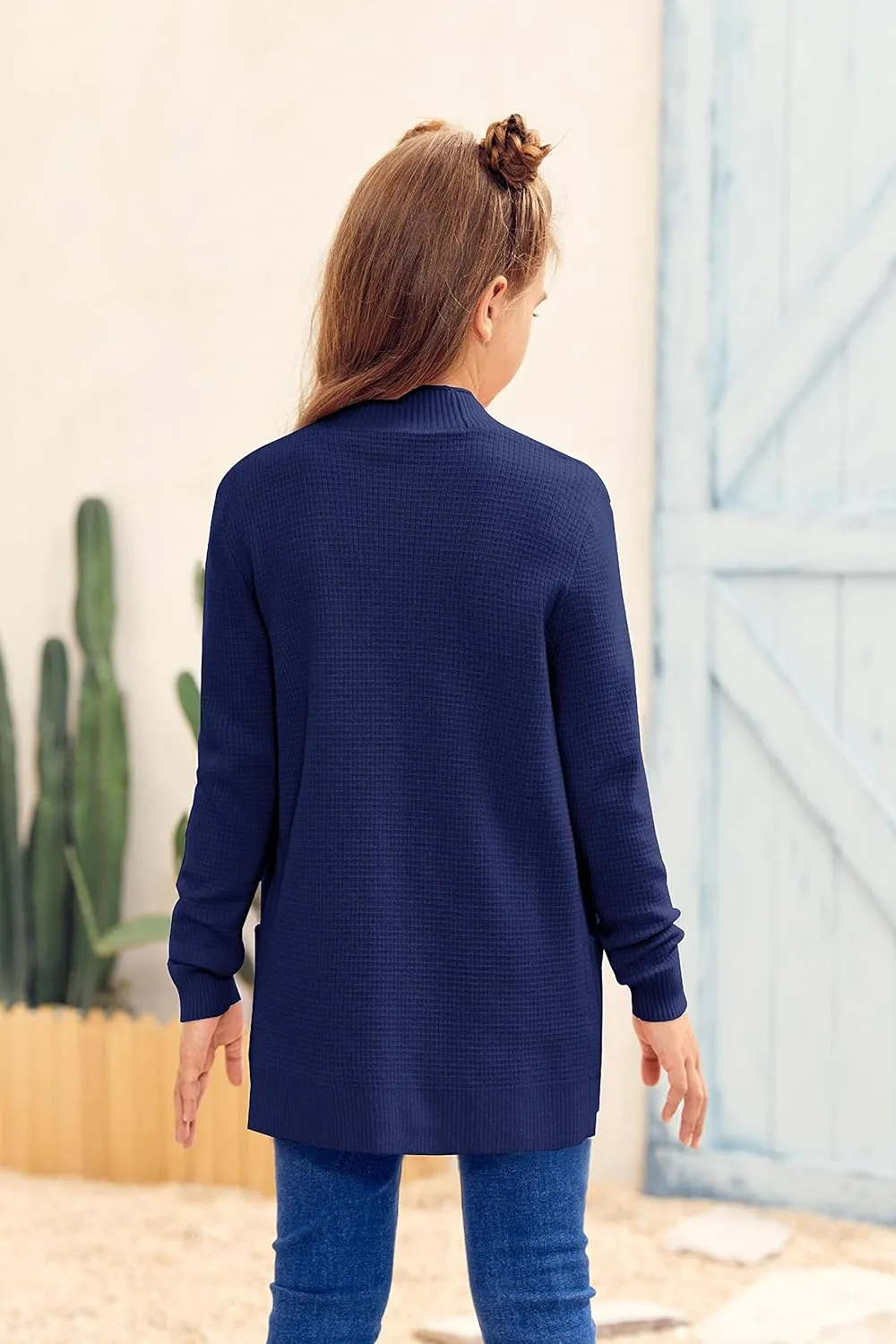 Girls Long Sleeve Casual Cardigan Kids Open Front Soft Knit Oversized Sweater with Pockets