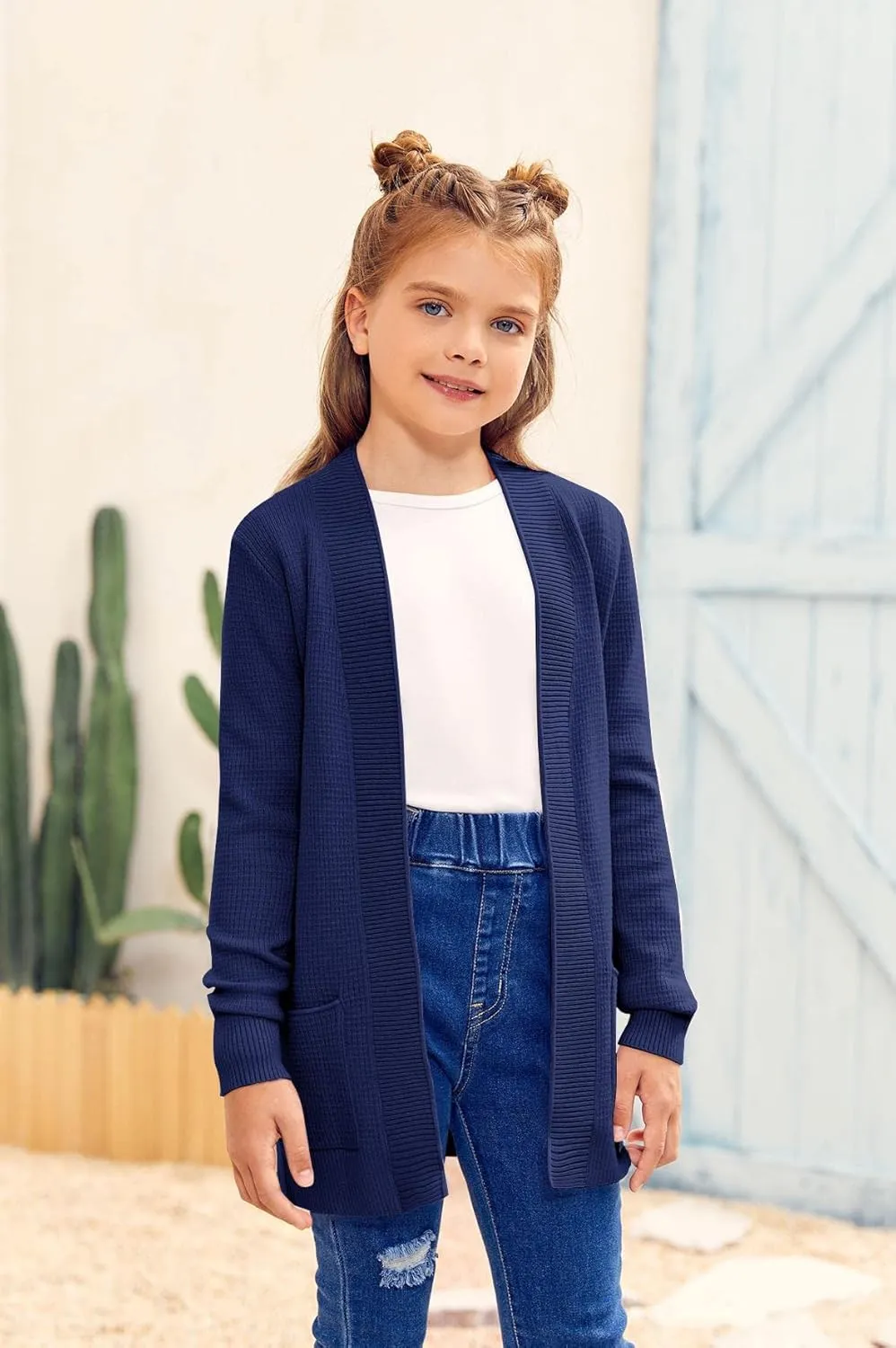 Girls Long Sleeve Casual Cardigan Kids Open Front Soft Knit Oversized Sweater with Pockets