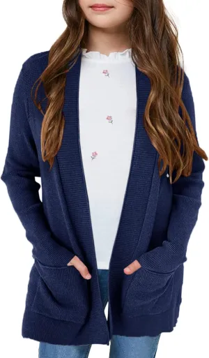 Girls Long Sleeve Casual Cardigan Kids Open Front Soft Knit Oversized Sweater with Pockets