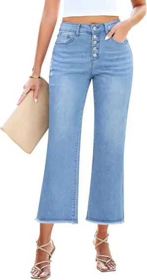GRAPENT Capri Jeans for Women Trendy High Waisted Wide Leg Flare Button Fly Stretchy Denim Pants Raw Hem Cropped Jeans