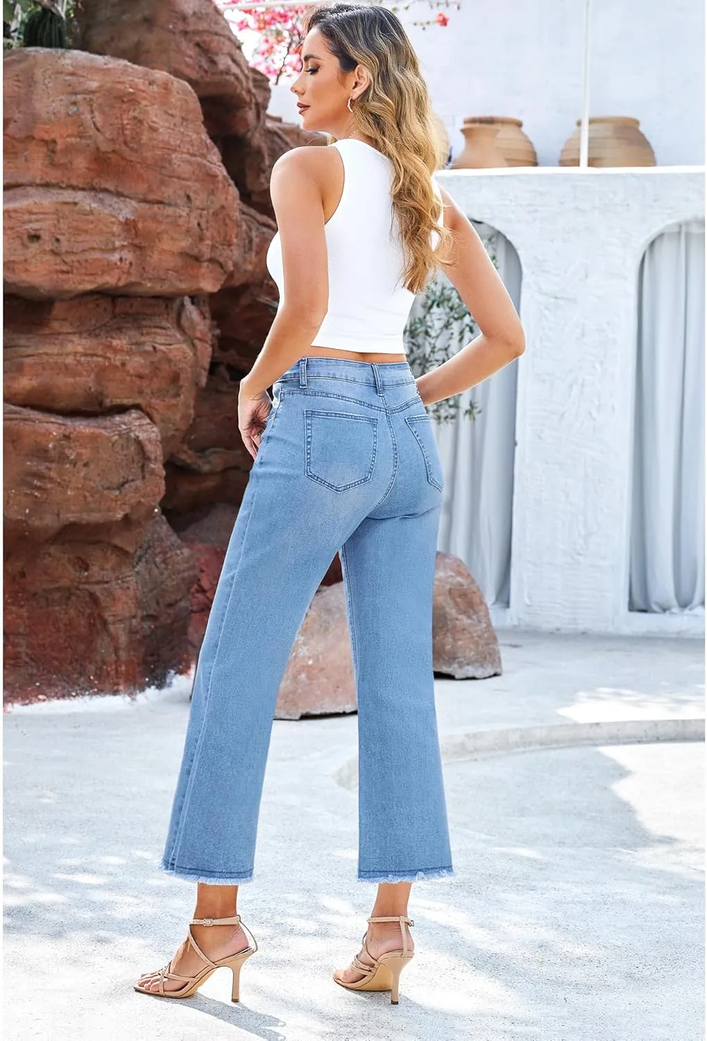 GRAPENT Capri Jeans for Women Trendy High Waisted Wide Leg Flare Button Fly Stretchy Denim Pants Raw Hem Cropped Jeans