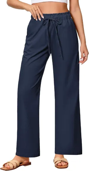 GRAPENT Linen Pants Women Wide Leg High Waisted Flowy Summer Beach Elastic Waist Pull On Baggy Palazzo Pants with Pocket