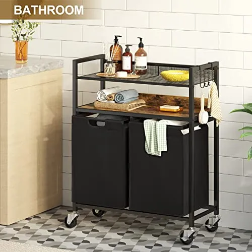 Greenstell Laundry Hamper with Shelf, 94L Laundry Basket with wheels, Large Laundry Sorter with Slide Rails, with 2 Pull-Out and Removable Laundry Bags, Sturdy Metal Frame