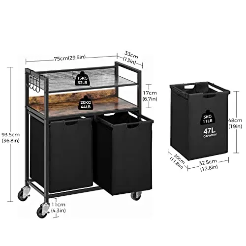Greenstell Laundry Hamper with Shelf, 94L Laundry Basket with wheels, Large Laundry Sorter with Slide Rails, with 2 Pull-Out and Removable Laundry Bags, Sturdy Metal Frame