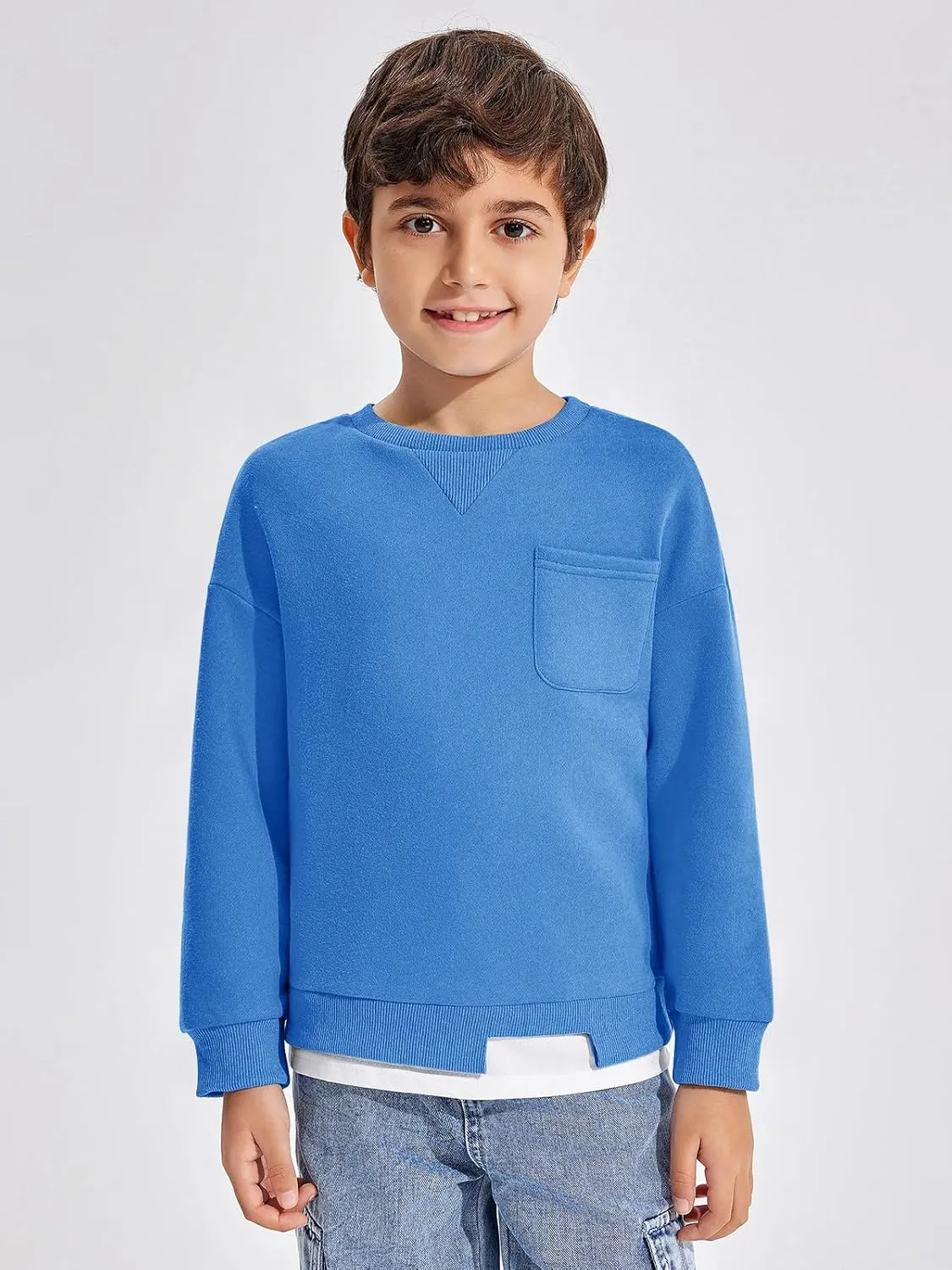 Haloumoning Boys Fleece Lined Sweatshirts Kids Fall Fashion Crewneck Pullover Clothes with Pocket 5-14 Years