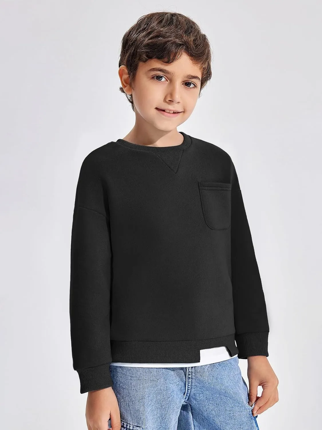 Haloumoning Boys Fleece Lined Sweatshirts Kids Fall Fashion Crewneck Pullover Clothes with Pocket 5-14 Years