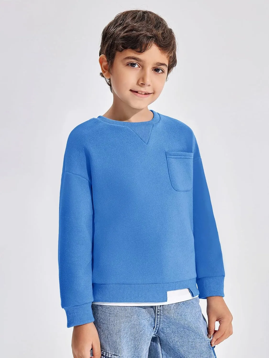 Haloumoning Boys Fleece Lined Sweatshirts Kids Fall Fashion Crewneck Pullover Clothes with Pocket 5-14 Years