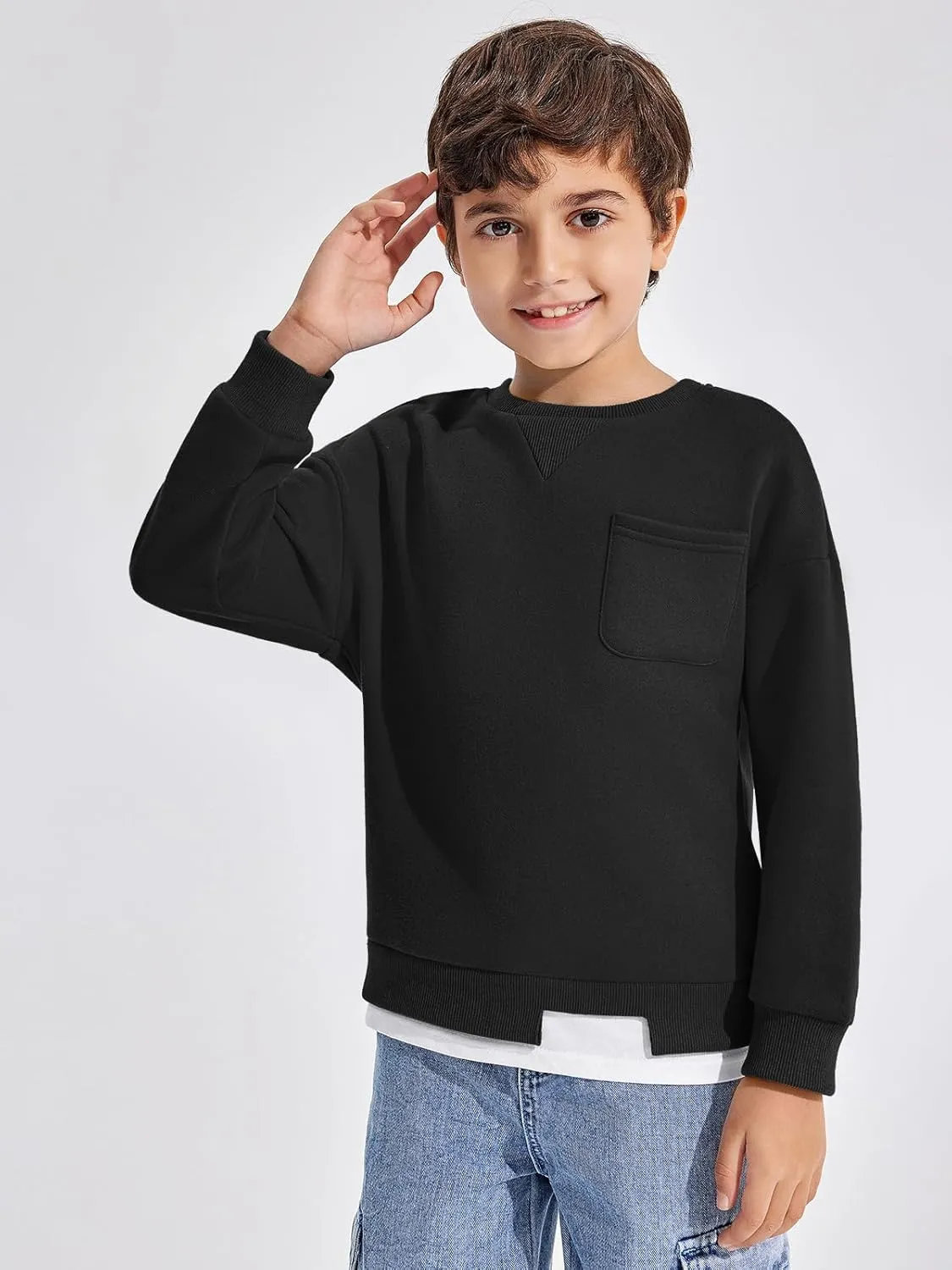 Haloumoning Boys Fleece Lined Sweatshirts Kids Fall Fashion Crewneck Pullover Clothes with Pocket 5-14 Years