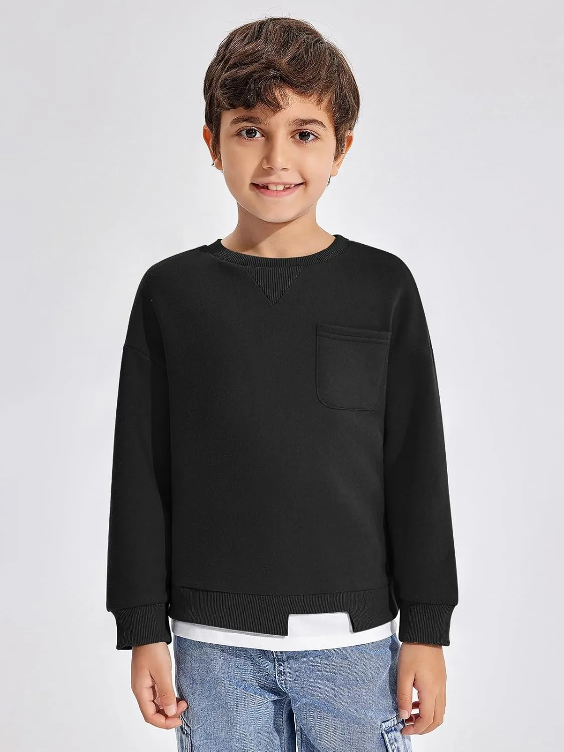 Haloumoning Boys Fleece Lined Sweatshirts Kids Fall Fashion Crewneck Pullover Clothes with Pocket 5-14 Years