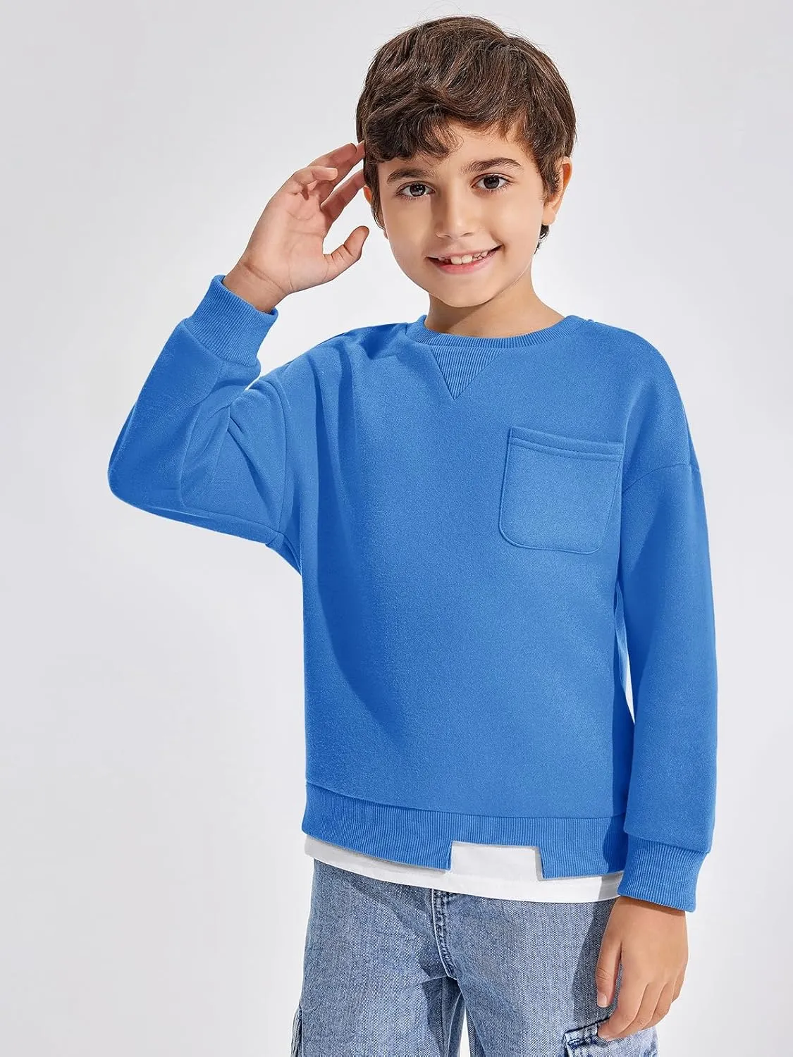 Haloumoning Boys Fleece Lined Sweatshirts Kids Fall Fashion Crewneck Pullover Clothes with Pocket 5-14 Years