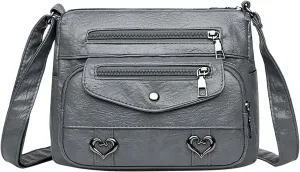 Heart Decor Crossbody Bag Solid Vintage PU Leather Shoulder Bag Versatile Women Pockets Purse With And (Grey, One Size)