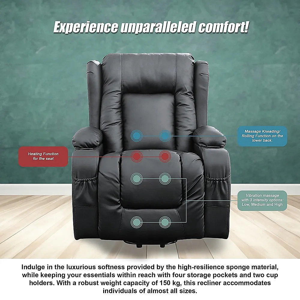 Heated Leather Recliner w/ Massage, USB, Cup Holders - Palermo