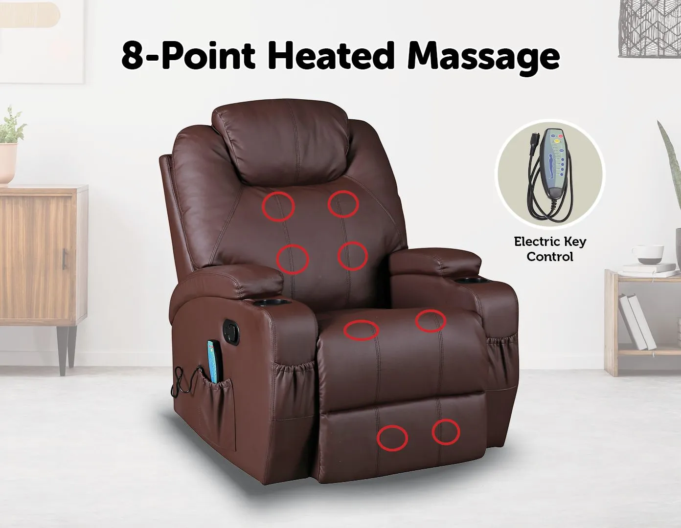 Heated Massage Recliner Chair 360° Swivel Brown PU Leather