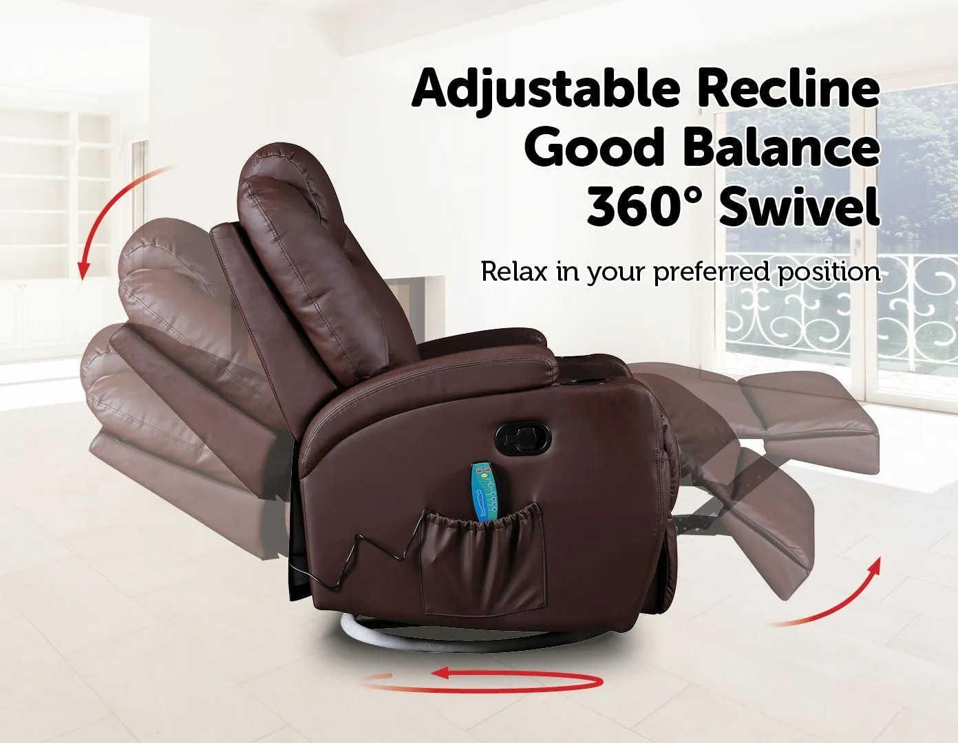 Heated Massage Recliner Chair 360° Swivel Brown PU Leather