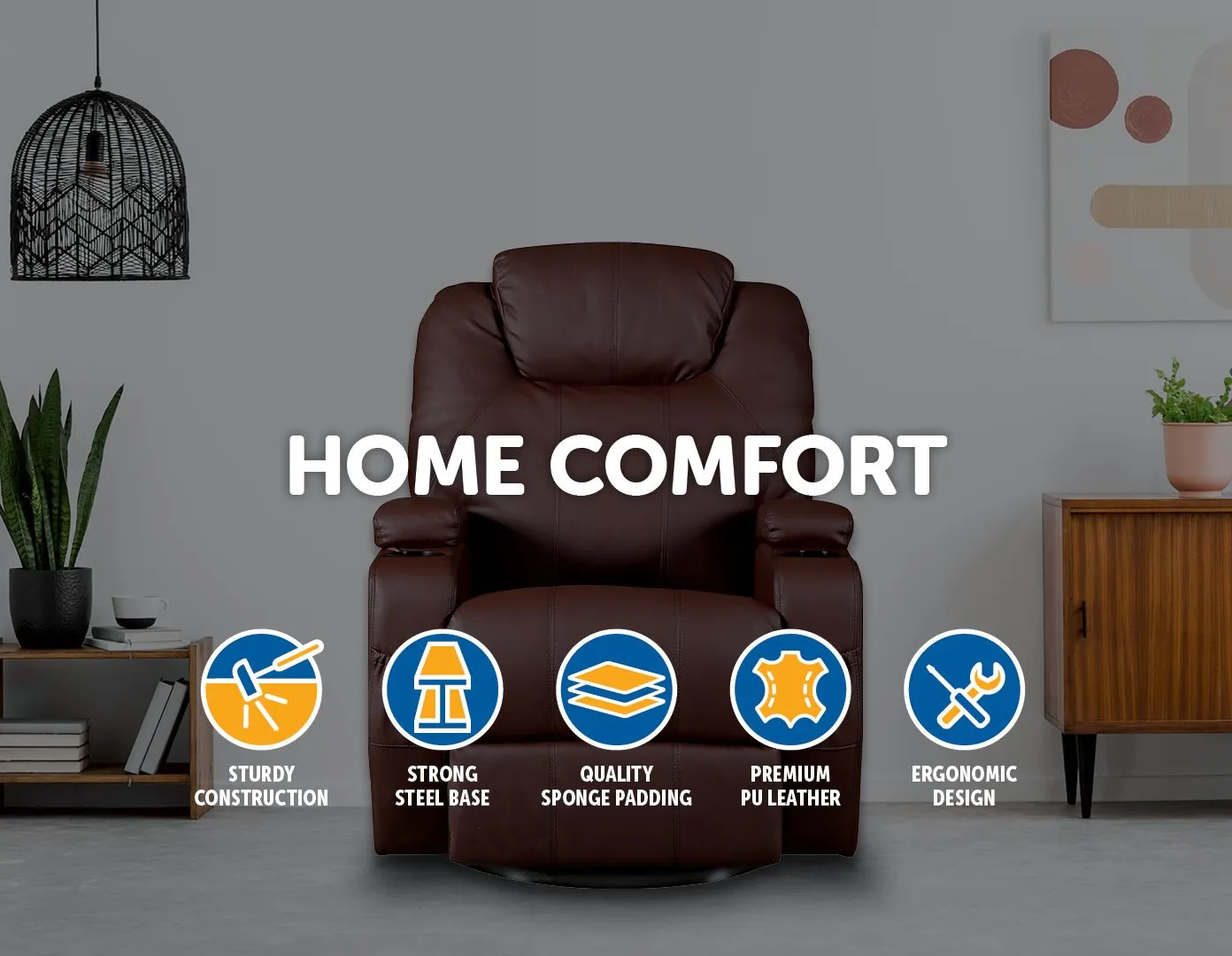 Heated Massage Recliner Chair 360° Swivel Brown PU Leather