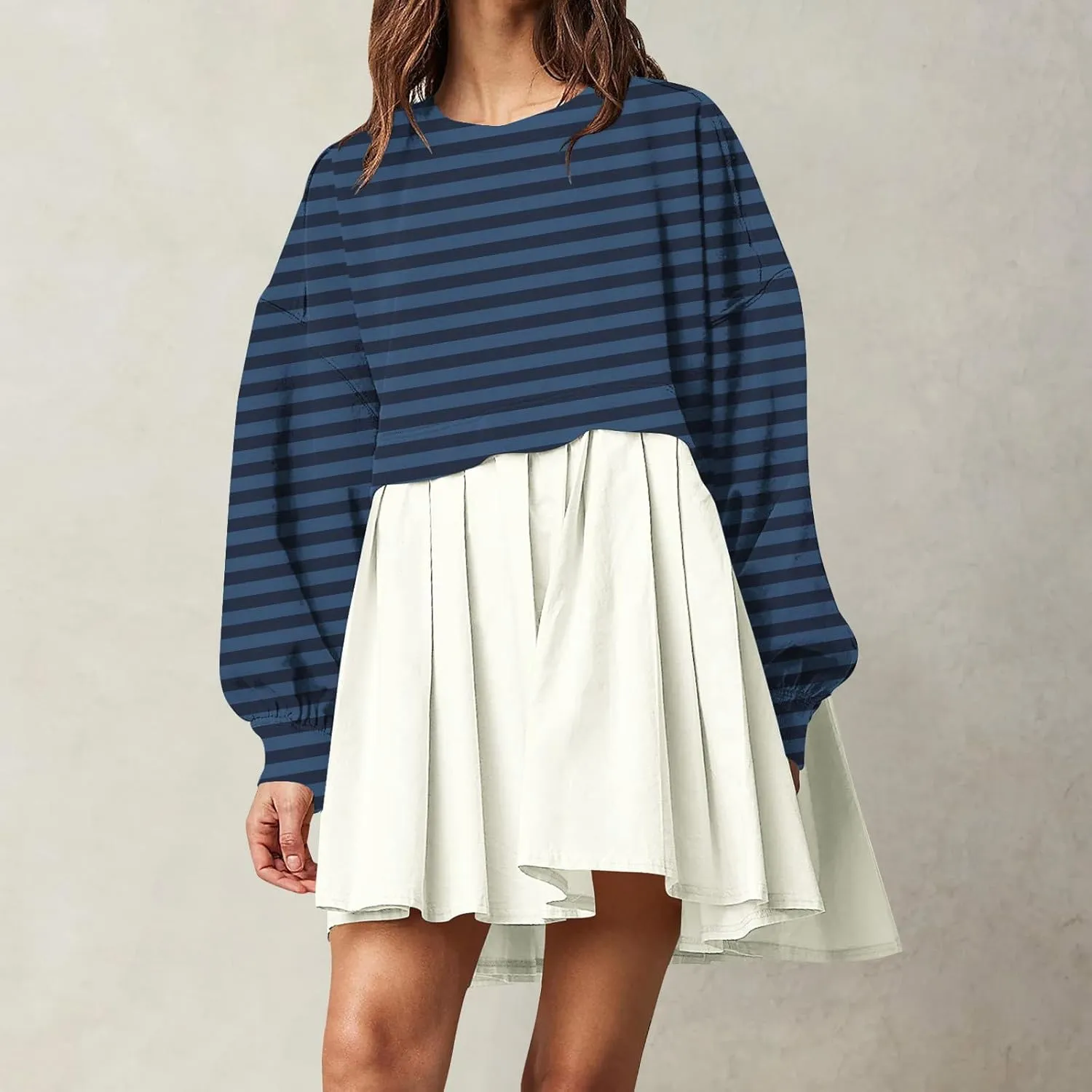 hlysgo Sweatshirt Dress Women Patchwork Long Sleeve Crewneck Pullover Dresses 2024 Fall Flowy Striped Sweatshirts Mini Dress