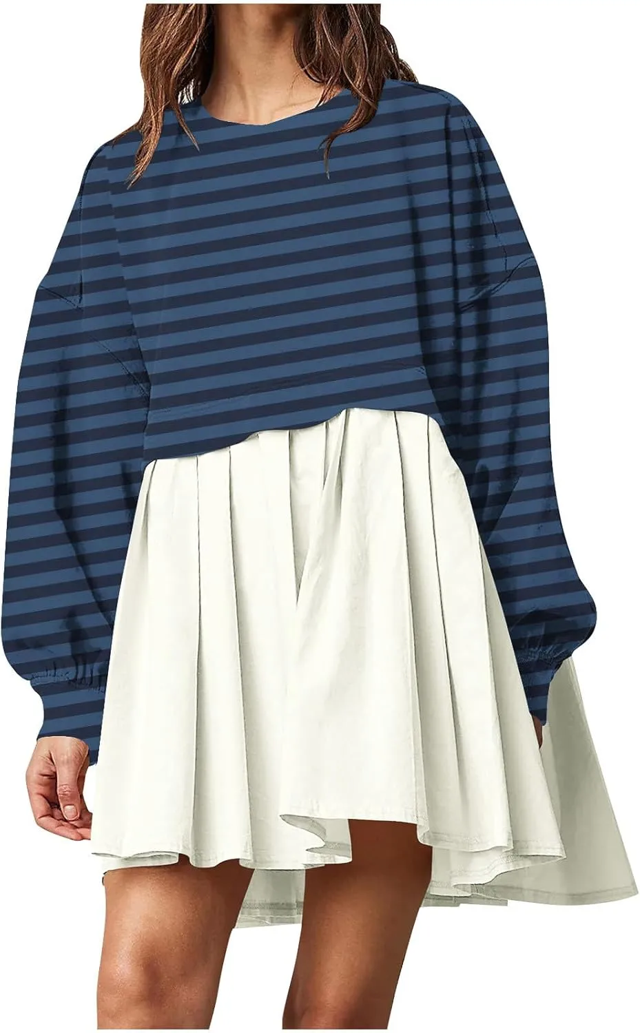 hlysgo Sweatshirt Dress Women Patchwork Long Sleeve Crewneck Pullover Dresses 2024 Fall Flowy Striped Sweatshirts Mini Dress