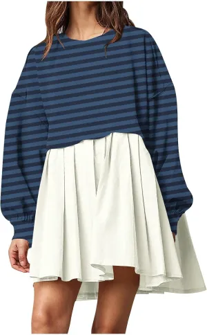 hlysgo Sweatshirt Dress Women Patchwork Long Sleeve Crewneck Pullover Dresses 2024 Fall Flowy Striped Sweatshirts Mini Dress