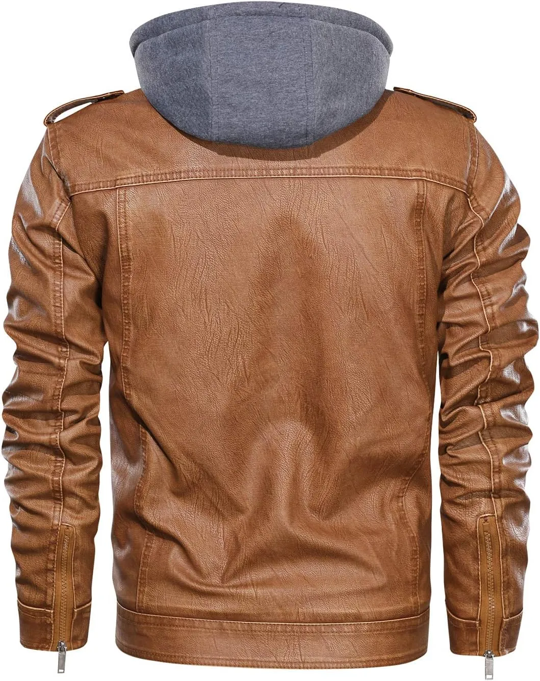 HOOD CREW Mens Black Brown Coffee Stand Collar Warm PU Faux Leather Zip-Up Motorcycle Jacket with a Removable Hood