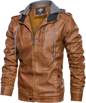 HOOD CREW Mens Black Brown Coffee Stand Collar Warm PU Faux Leather Zip-Up Motorcycle Jacket with a Removable Hood