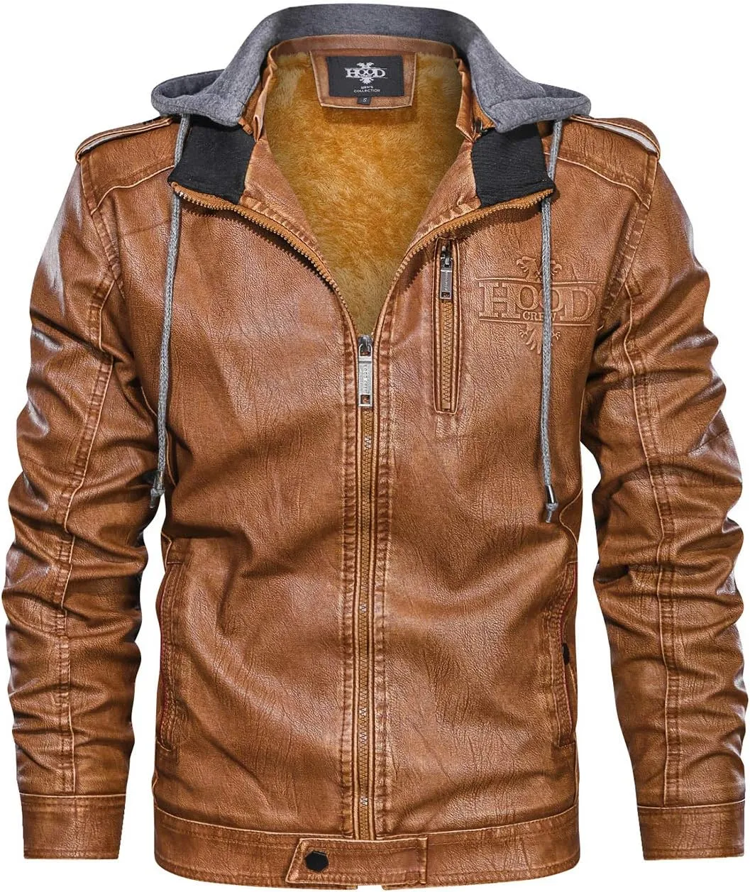 HOOD CREW Mens Black Brown Coffee Stand Collar Warm PU Faux Leather Zip-Up Motorcycle Jacket with a Removable Hood