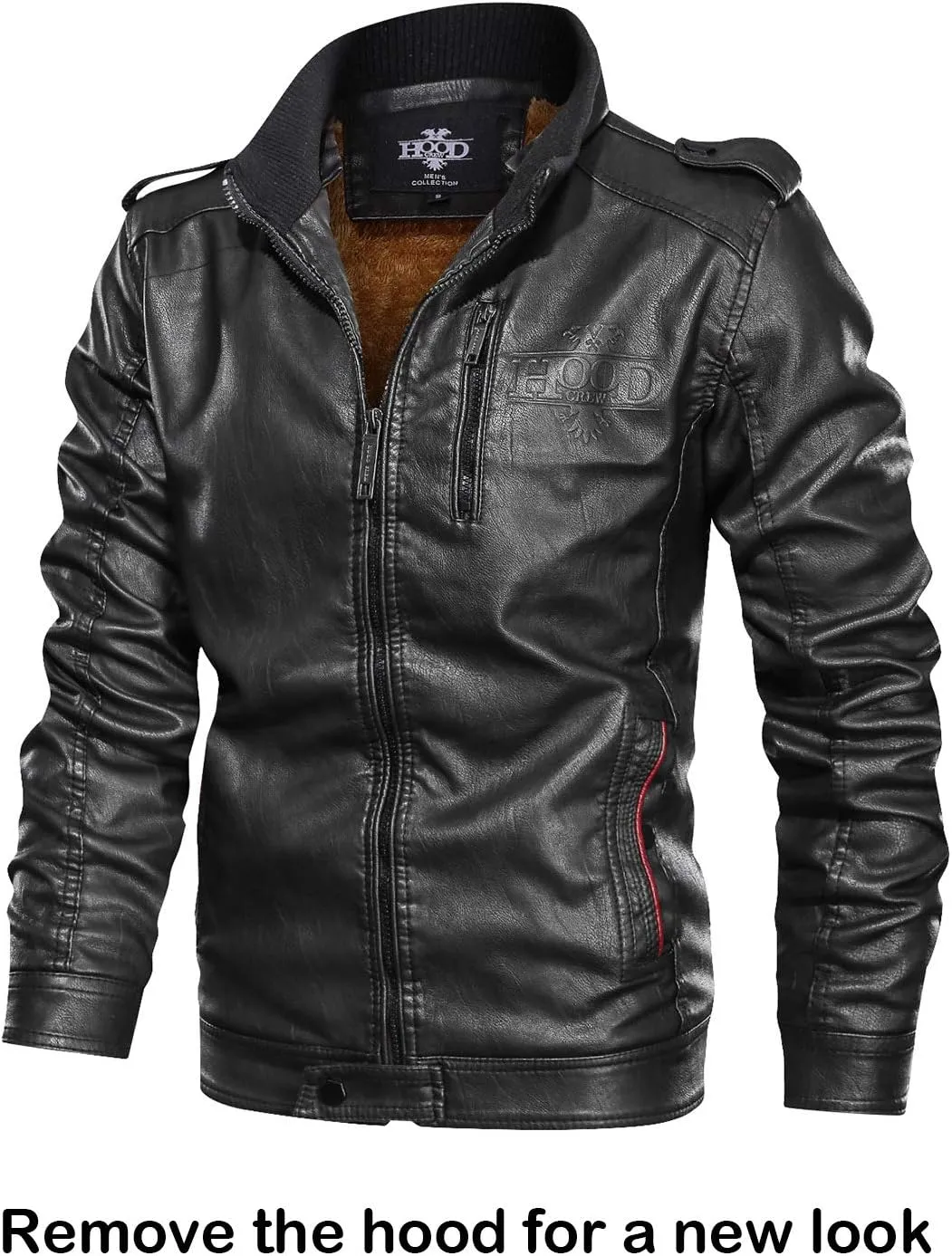 HOOD CREW Mens Black Brown Coffee Stand Collar Warm PU Faux Leather Zip-Up Motorcycle Jacket with a Removable Hood