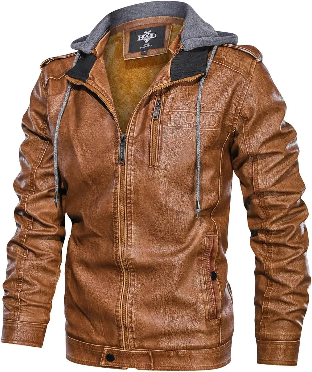 HOOD CREW Mens Black Brown Coffee Stand Collar Warm PU Faux Leather Zip-Up Motorcycle Jacket with a Removable Hood