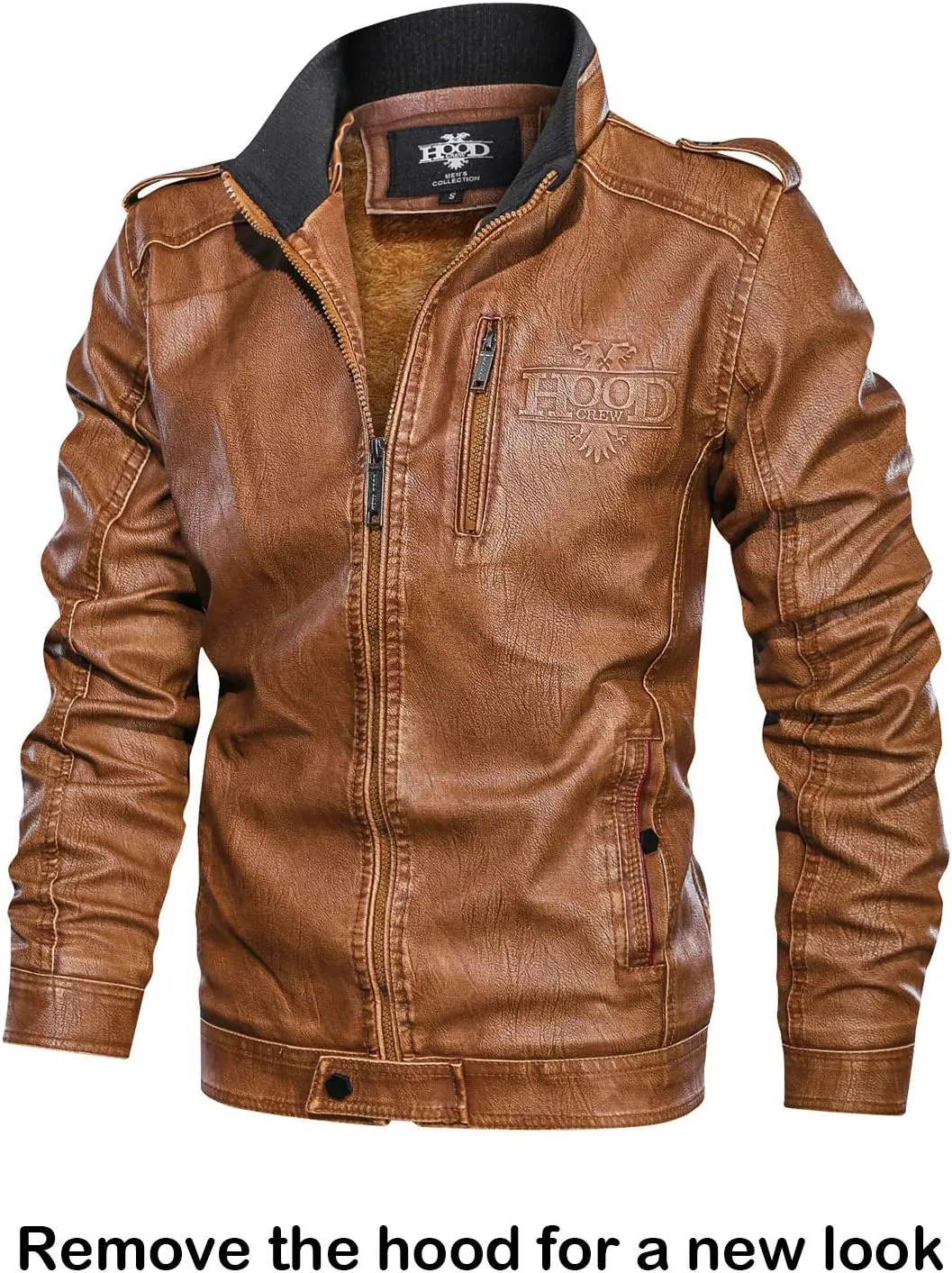 HOOD CREW Mens Black Brown Coffee Stand Collar Warm PU Faux Leather Zip-Up Motorcycle Jacket with a Removable Hood