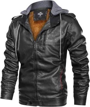 HOOD CREW Mens Black Brown Coffee Stand Collar Warm PU Faux Leather Zip-Up Motorcycle Jacket with a Removable Hood