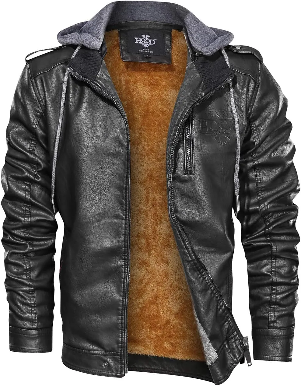 HOOD CREW Mens Black Brown Coffee Stand Collar Warm PU Faux Leather Zip-Up Motorcycle Jacket with a Removable Hood