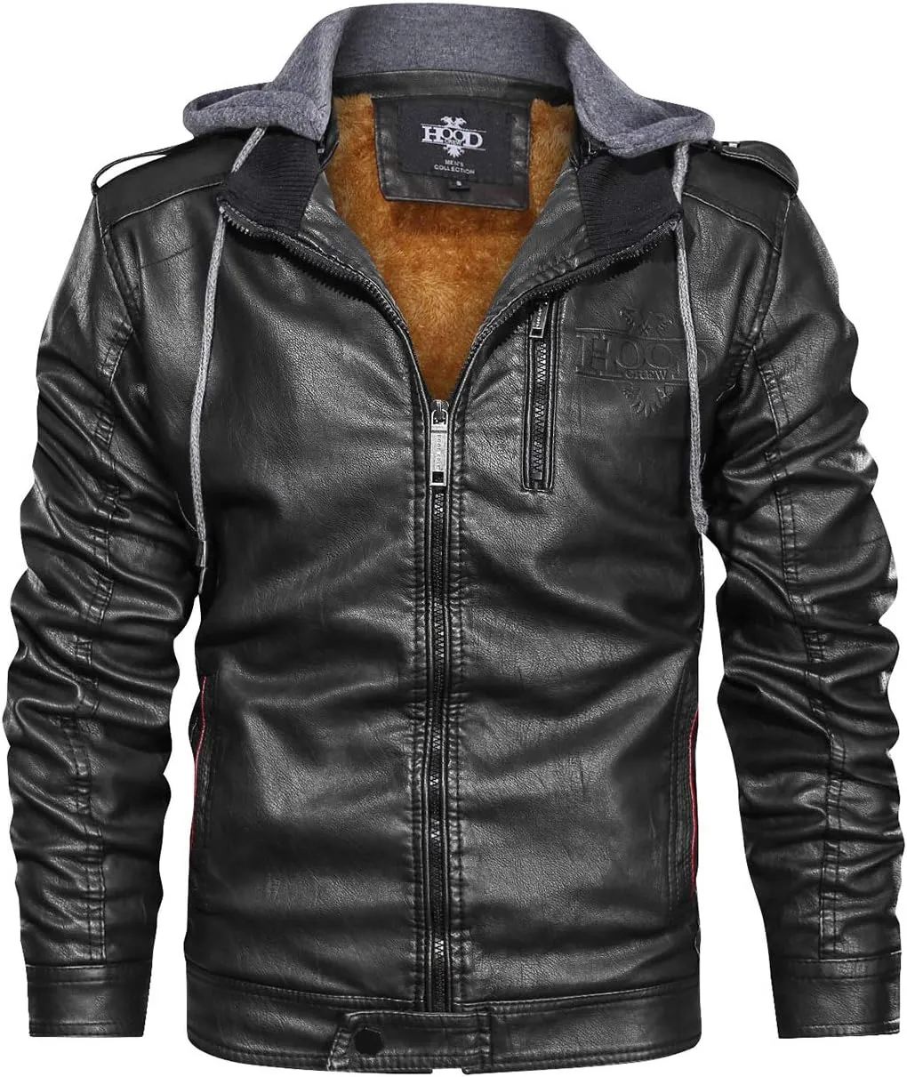 HOOD CREW Mens Black Brown Coffee Stand Collar Warm PU Faux Leather Zip-Up Motorcycle Jacket with a Removable Hood