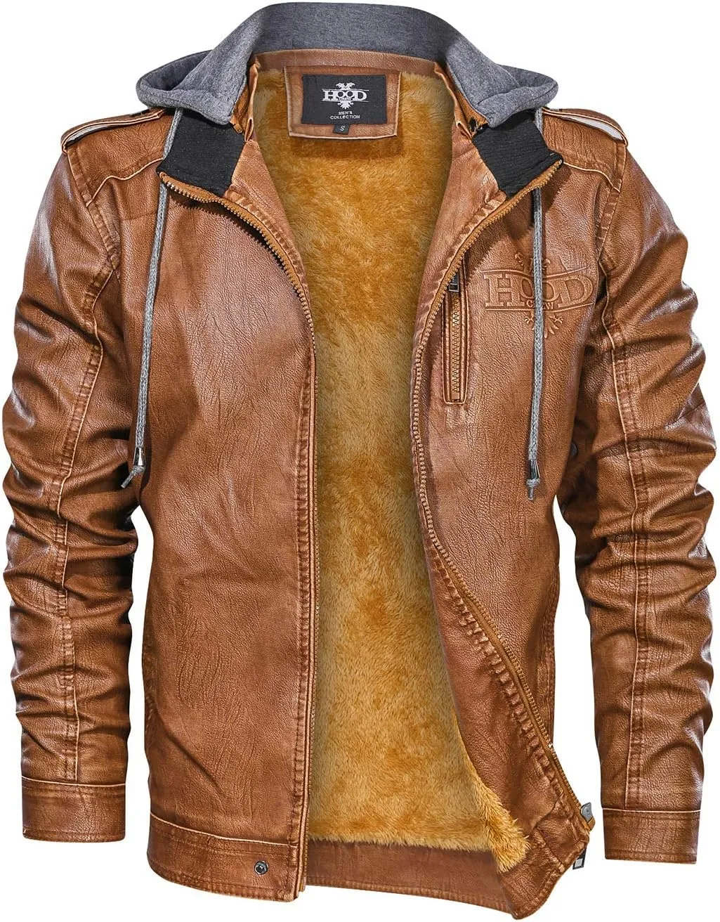 HOOD CREW Mens Black Brown Coffee Stand Collar Warm PU Faux Leather Zip-Up Motorcycle Jacket with a Removable Hood