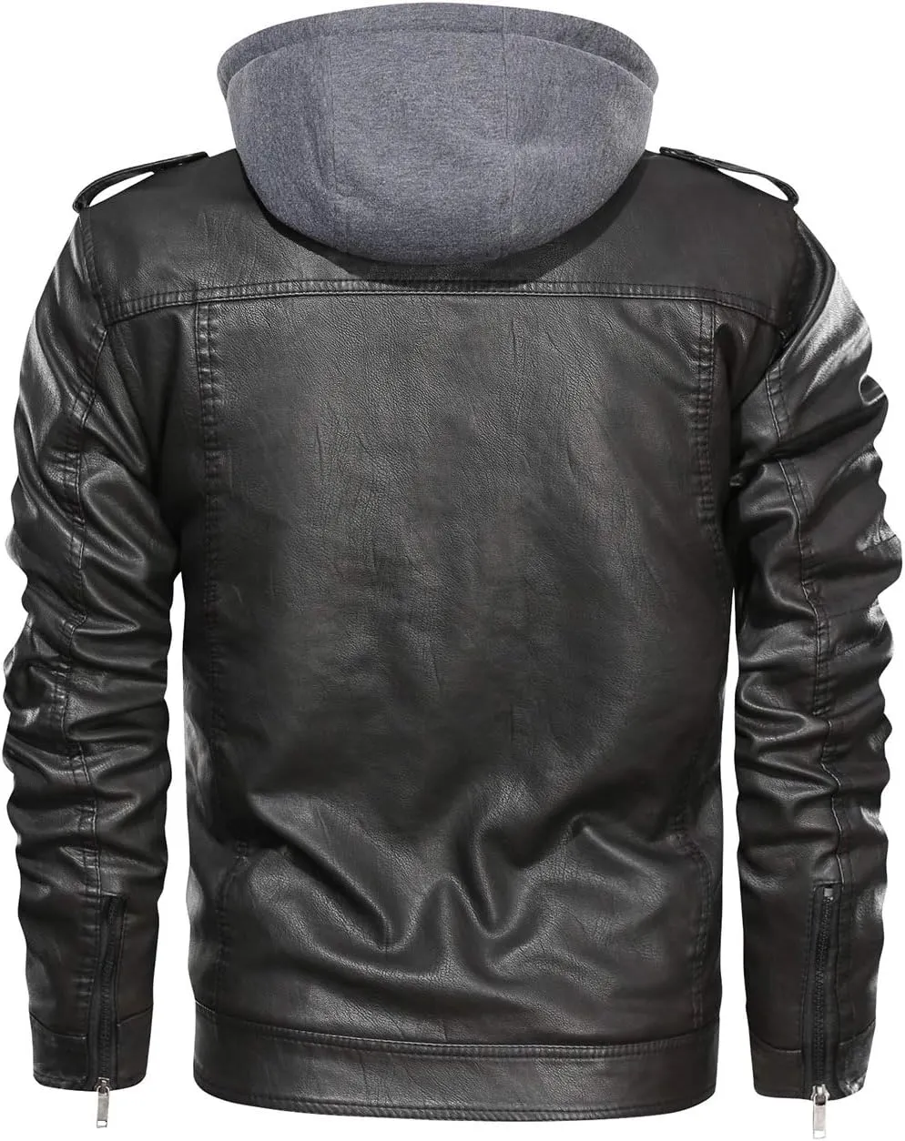 HOOD CREW Mens Black Brown Coffee Stand Collar Warm PU Faux Leather Zip-Up Motorcycle Jacket with a Removable Hood