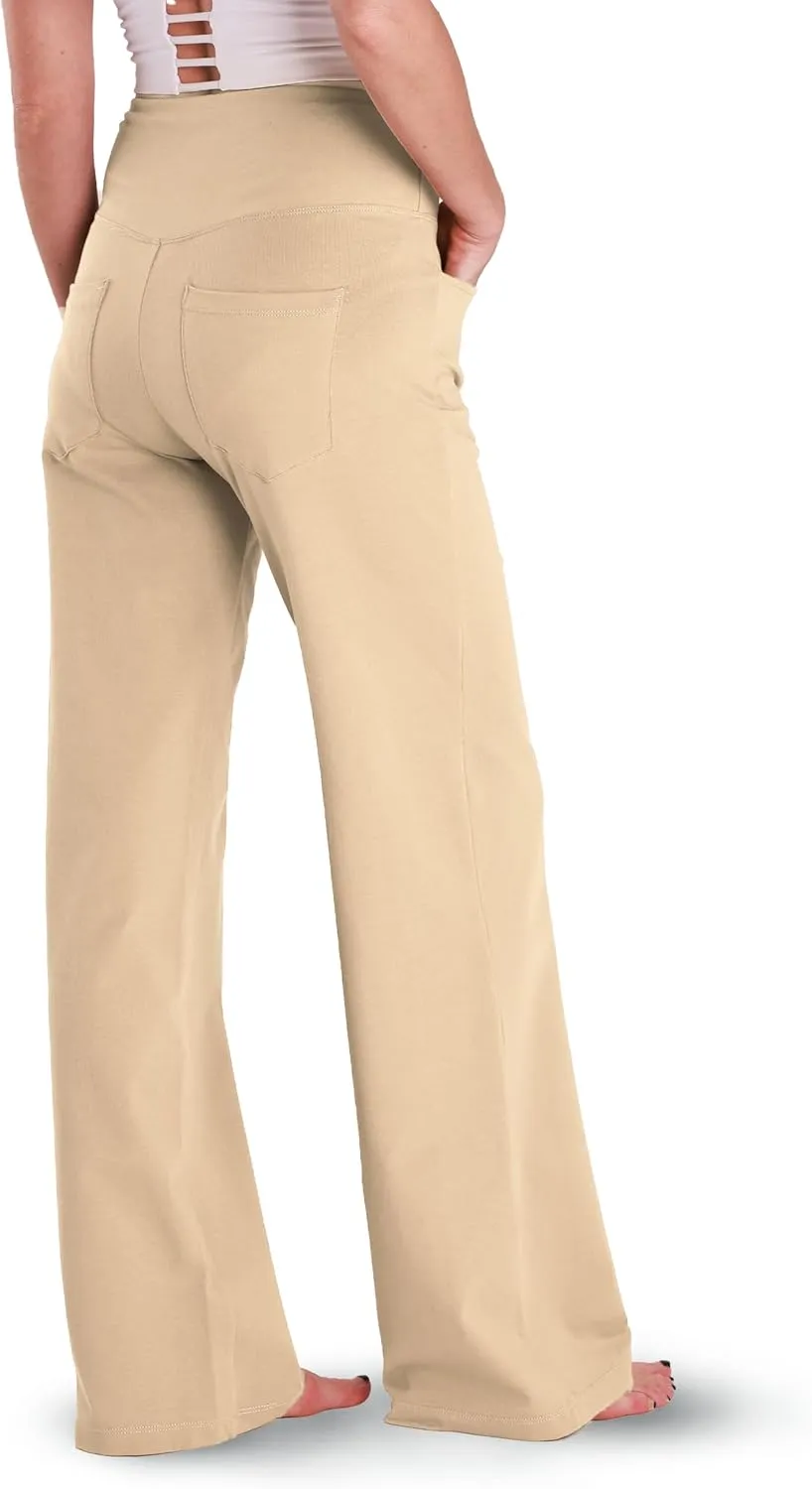 Houmous Wide Leg Pants Women Cotton Yoga Pants 28"/31"/34" High Waist Loose Lounge Stretch Trousers with Pockets