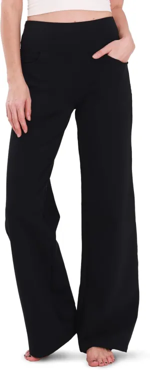Houmous Wide Leg Pants Women Cotton Yoga Pants 28"/31"/34" High Waist Loose Lounge Stretch Trousers with Pockets